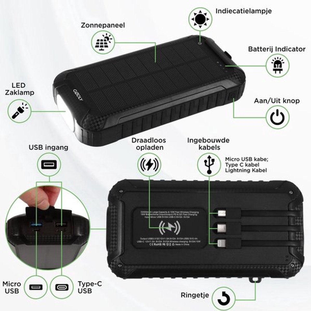GØDLY® Solar Powerbank 33000 mAh Zwart Waterdicht - afbeelding 3