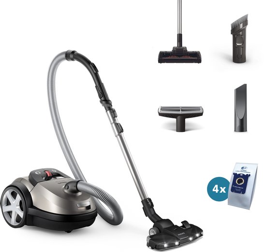 Philips Performer LED stofzuiger met zak in grijs en zilver, met diverse opzetstukken en 4 stofzakken.