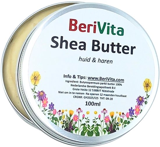 BeriVita Shea Butter 100ml blik voor huid en haar, met bloemenprint.