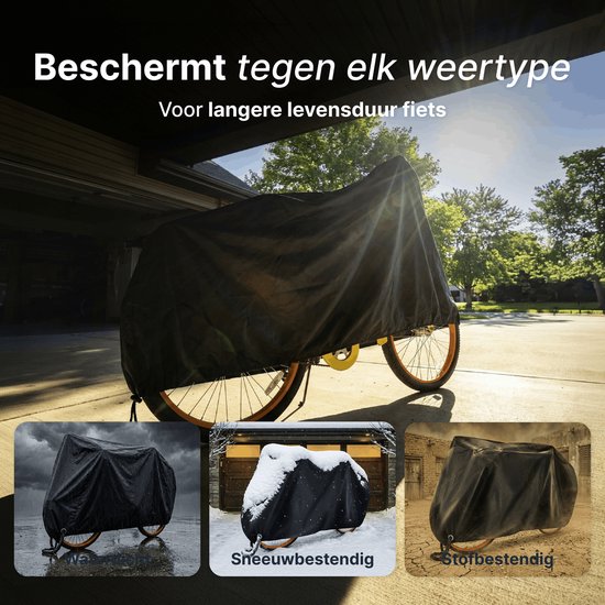 Zwarte fietshoes beschermt fietsen tegen weer, sneeuw en storm, met illustraties van de verschillende weersomstandigheden.