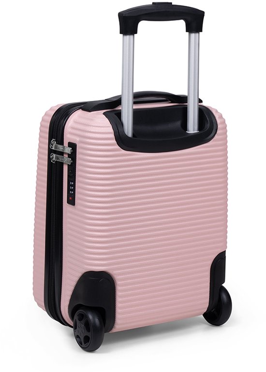 Lichtroze koffer van 40cm met horizontale ribbels, een uitschuifbare hendel en TSA-slot.
