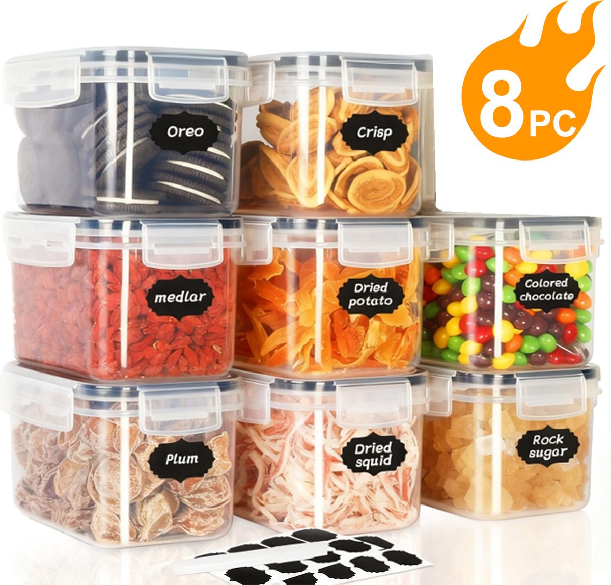 8-delige Set Plastic Bewaarpotten 800ml – Luchtdichte Vershouddozen voor Voedsel & Specerijen – Transparante Voorraadpotten met Deksel