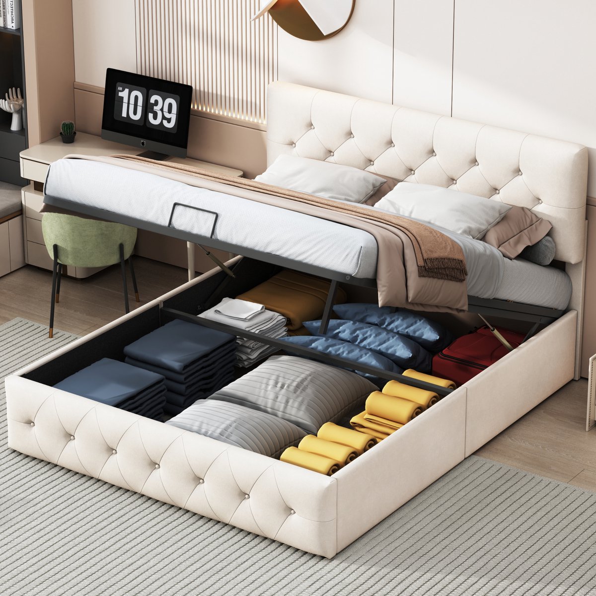 ROSAHQNDA Modern gestoffeerd bed 140x200cm met hydraulische opbergrail, verdikt hoofdbord, voor appartement en slaapkamer, fluweel, beige