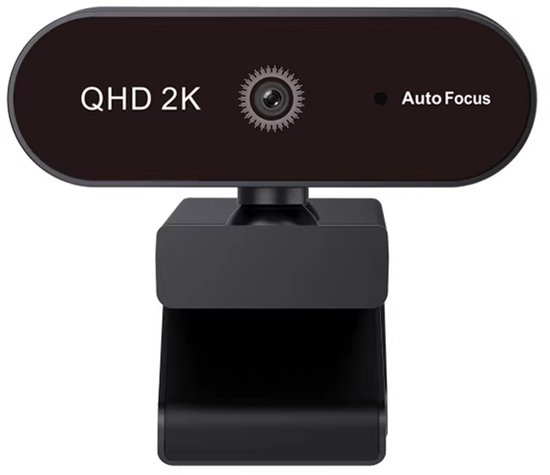 Zwarte QHD 2K webcam met autofocus, geïsoleerd op witte achtergrond.