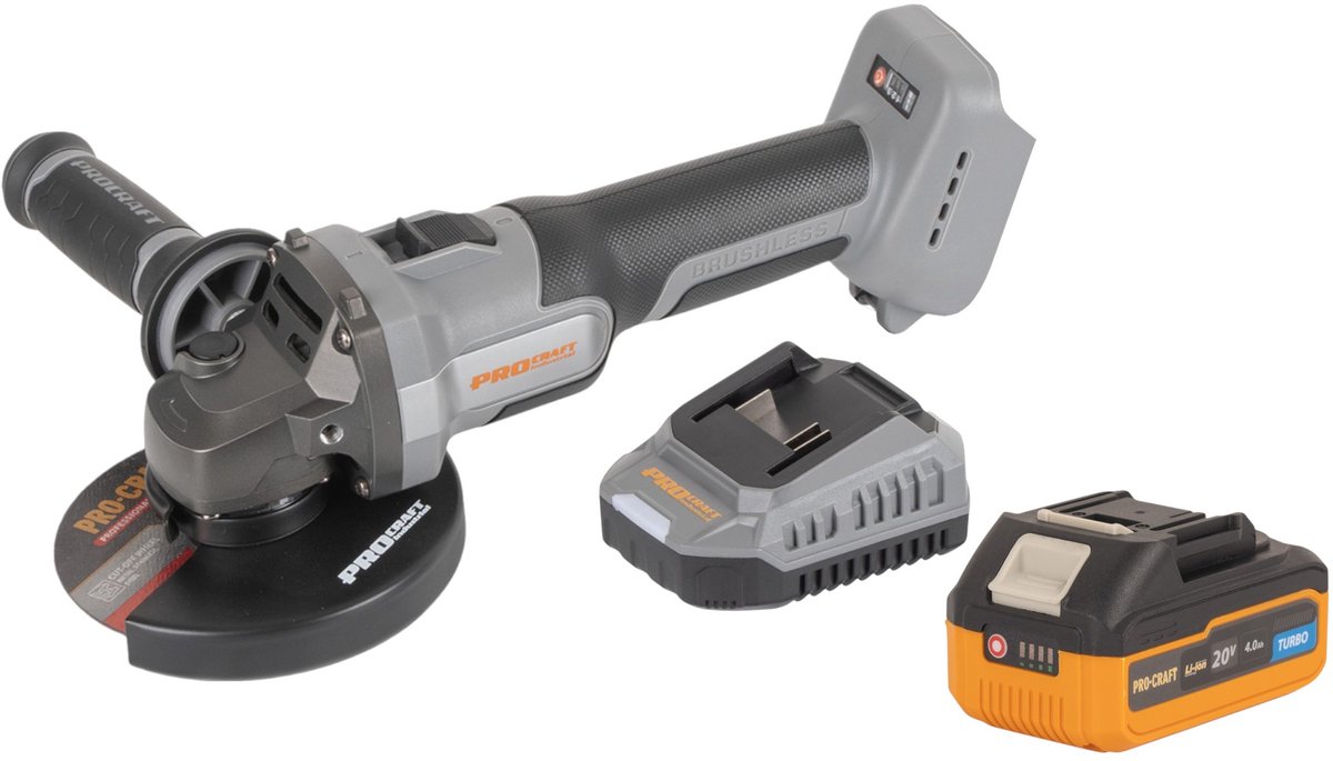 Procraft Industrial AG125Abb accu haakse slijper 20 V 125 mm borstelloos + 1x accu 4,0 Ah + oplader