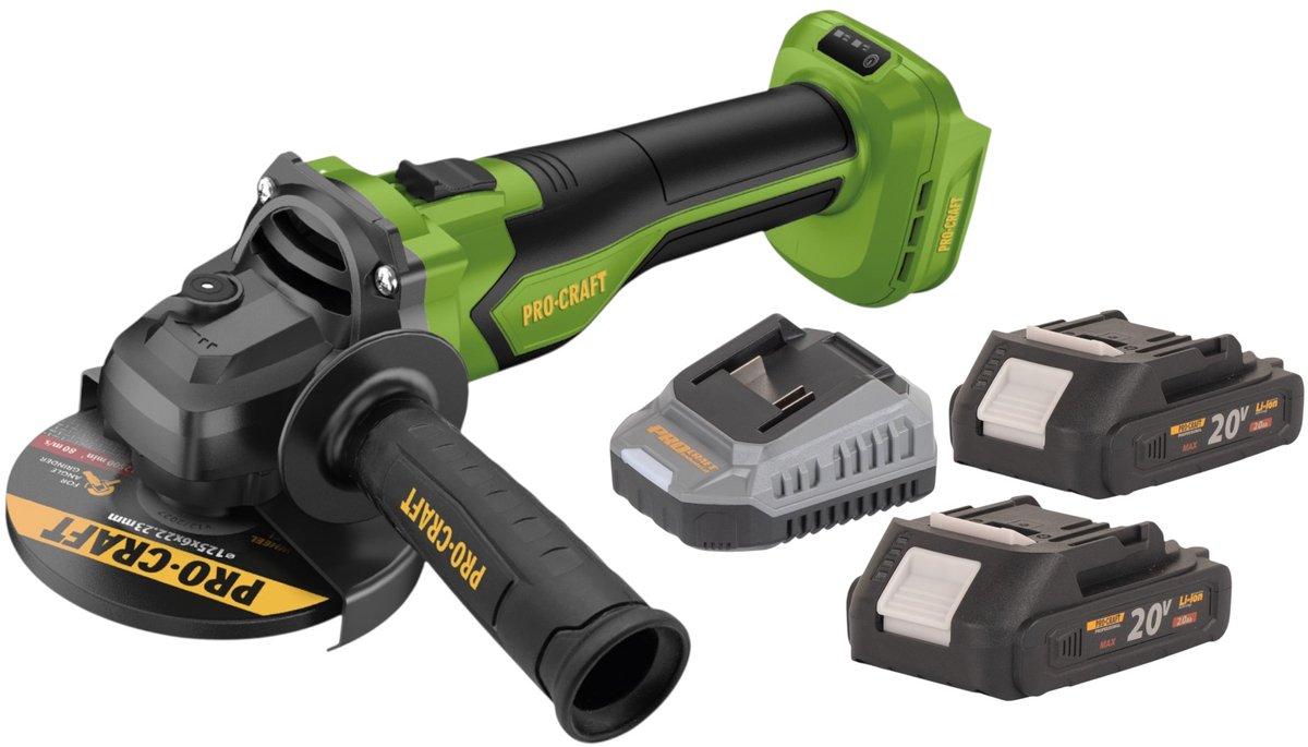 Procraft PGA22-BB accu haakse slijper 20 V 125 mm borstelloos + 2x accu 2,0 Ah + oplader