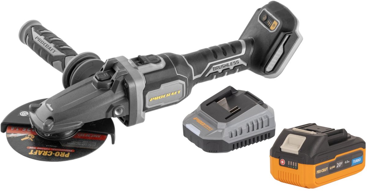 Procraft Industrial AG125Cbb accu vlakke kop haakse slijper 20 V 125 mm borstelloos + 1x accu 4,0 Ah + oplader
