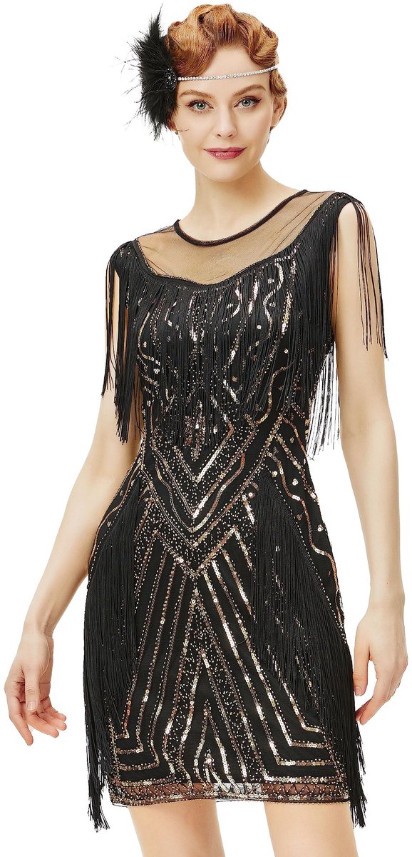 Allecto - 1920s Fringe Dress - Cocktail Dress - Elegant en Stijlvol - Zwart en Goud - Great Gatsby Geïnspireerd - Perfect voor Feesten - Maat L