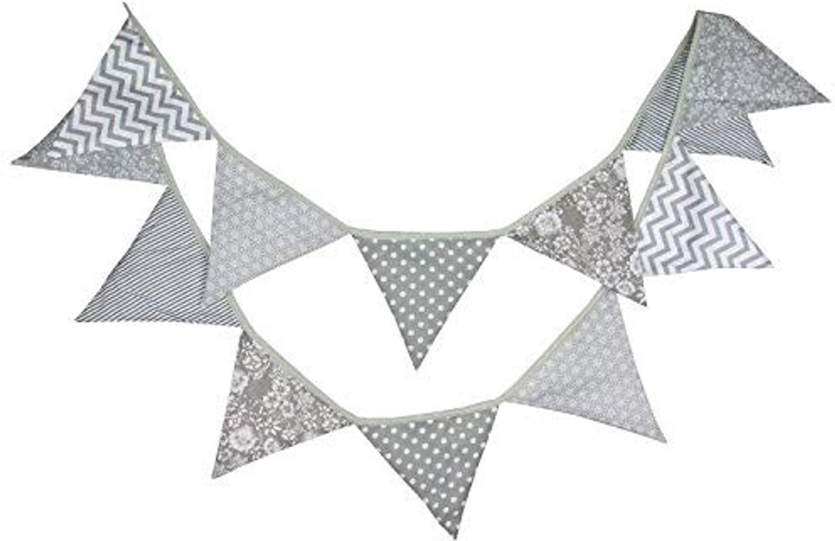Allecto - Dubbelzijdige Vlaggenslinger - Vintage Decoratie - Grijs - 3,3 m - Feestelijke Slingers - Perfect voor Verjaardagen - Shabby Chique