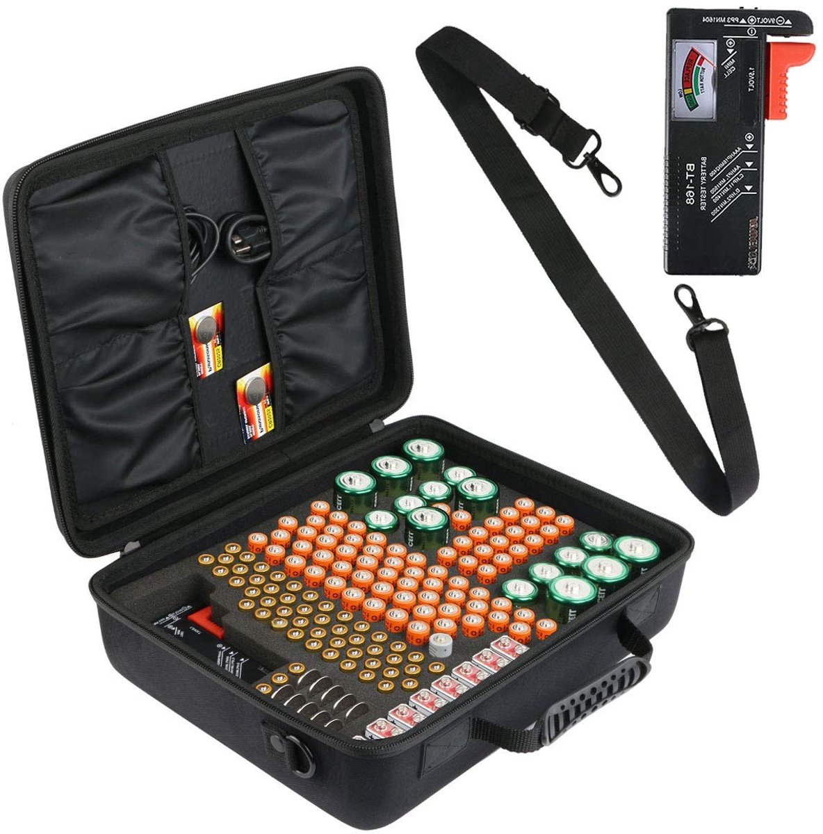 Hard Protective Case voor Batterijopslag Organizer, Geschikt voor 155 Batterijen AA AAA C D 9V, Inclusief BT-168D Batterij Tester en Ruime Opbergruimte