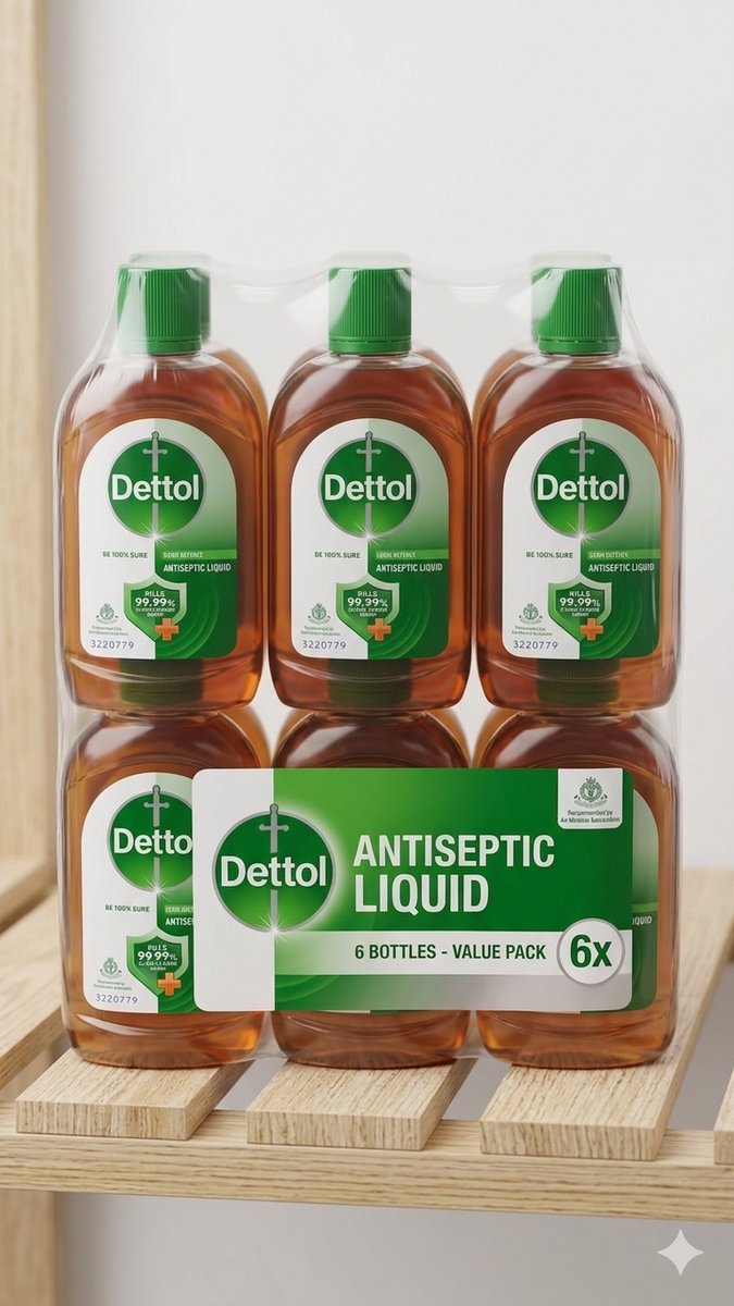 Dettol Antiseptische Vloeistof - 6 X 500ml - Desinfectiemiddel voor Wonden en Oppervlakken - Doodt 99,9% van de Bacteriën en Ziektekiemen - Hygiënische Bescherming Met Kajal Sticker