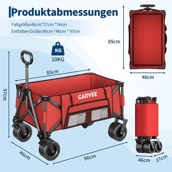 Heavy-Duty Opvouwbare Bolderkar Zwart - Draagkracht 215 kg / 280 Liter - Bolderwagen met All-Terrain Wielen, Remmen & Bagagespin - Strandkar & Kamperen - Rood — afbeelding 5