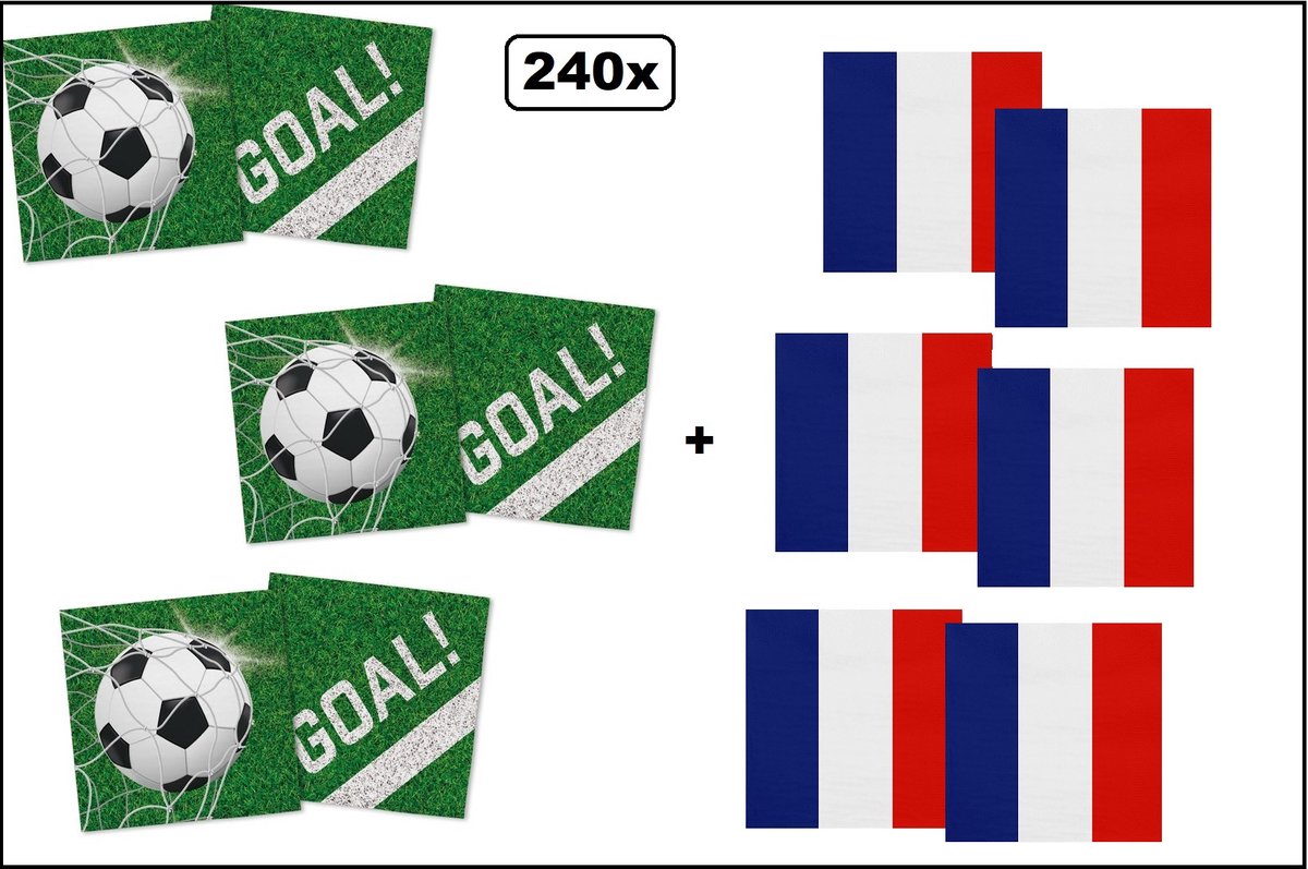120x Servetten Voetbal 33cm x 33cm + 120x Servetten Frankrijk 33cm x 33cm - 3 laags - MIX - WK Servet diner eten knoeien restaurant BBQ thema feest verjaardag feest