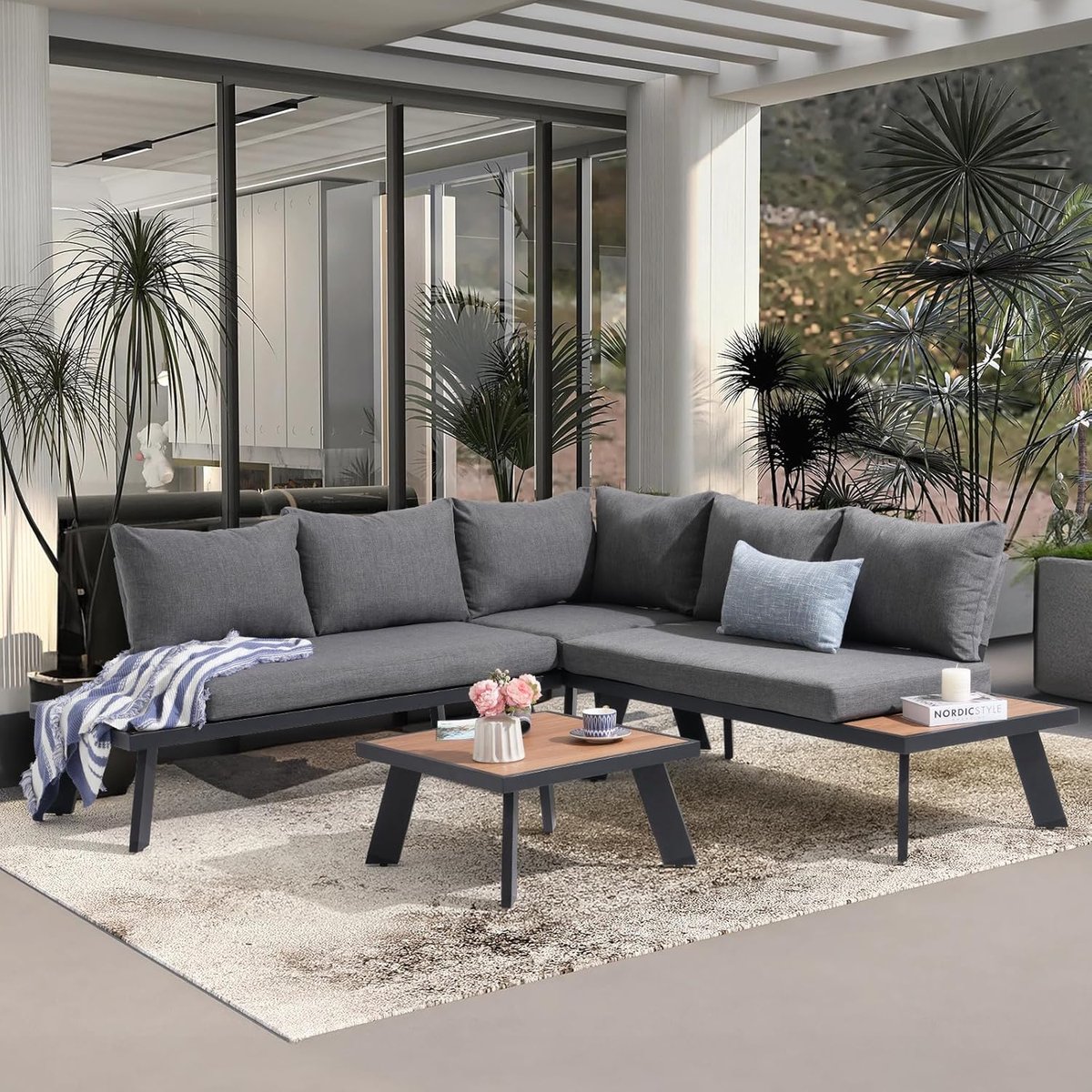 Tuin Loungeset Hoekbank 4-Delig 136x62x32 cm Aluminium met Tafel & Kussens – Weerbestendig, Verstelbare Poten, Houtlook Design – Grijs – HomebyNicole