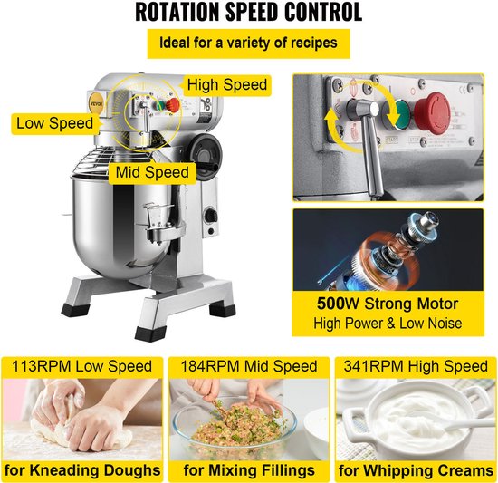Keukenmachine met 15qt Rvs Kom, 850w Elektrische Kneedmachine met 3 Snelheden 113/184/341RPM, Inclusief Deeghaak en Klopklopper, Geschikt voor Bakkerijen en Pizzeria's van Merkloos — afbeelding 3