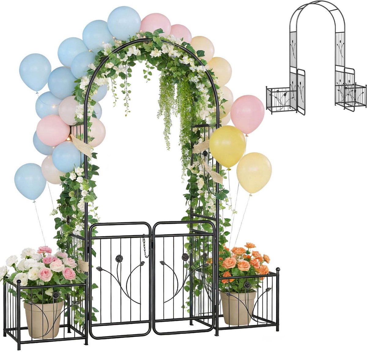 Aufun Rozenboog met deur 220 cm, metalen tuinboog met klimrooster en 2 plantenbakken, afsluitbare tuinpoort, gepoedercoat staal, klimondersteuning voor klimplanten, decoratief voor tuin en bruiloft, zwart