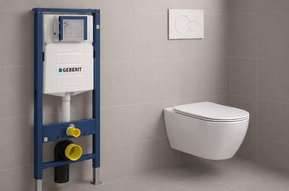 Exelvia Hangtoilet Set Wit Rimless – Geberit UP320 Inbouwreservoir + Sigma 01 Drukplaat – Inclusief Soft Close WC Zitting – Wandcloset Compleet