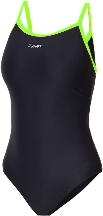 Zwart sportbadpak met felgroene biezen, logo en open rug.
