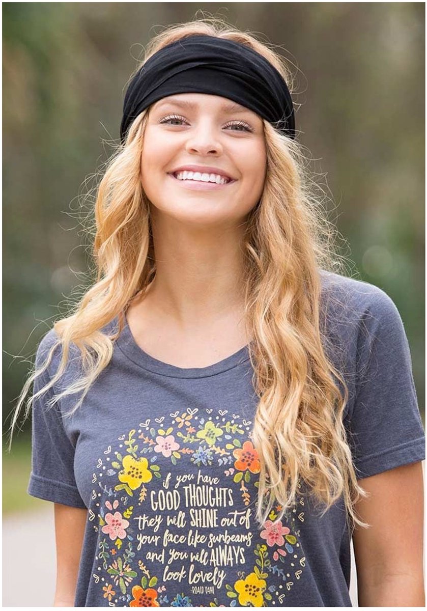 Brede zwarte Boho Bandeau haarband en sportband in èèn. Haar shawl, rond sjaaltje, bandeau top, zachte hoofdband, kaalheid, zon bescherming, zwarte band, bohemian, basic headband, haaraccessoire, zwart