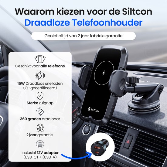Siltcon® Telefoonhouder Auto 15W QI Draadloze Oplader - Telefoonhouders Auto - Extra Sterkte Zuignap voor Dashboard, Raam & Ventilatie - GSM Houder Auto - Auto Accessories – USB-C 30W – USB-A 22.5W – Snellader - 360° - Universeel alle Telefoons