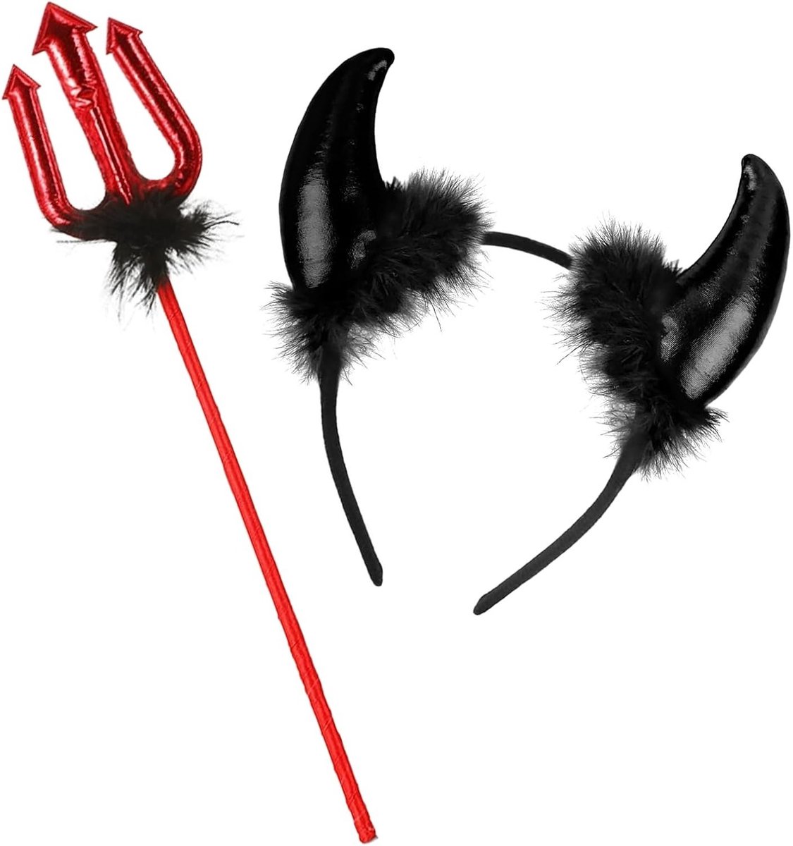 Halloween Duivels Hoorns en Trident Kostuum Set - Rode Duivel Hoorns, Duivelse Vork en Accessoires voor Carnaval, Halloween en Cosplay Feesten