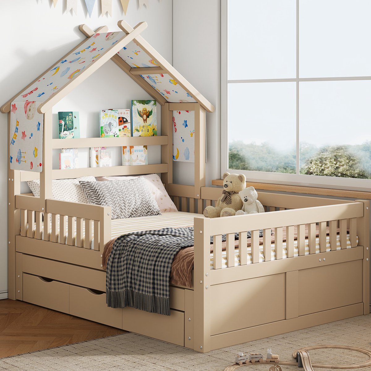 Zubaliya Huisbed 140x200 cm - Met Logeerbed & 3 Laden - Kinderbed met Uitvalbeveiliging - Massief Grenenhout & MDF - Cream Houtkleur