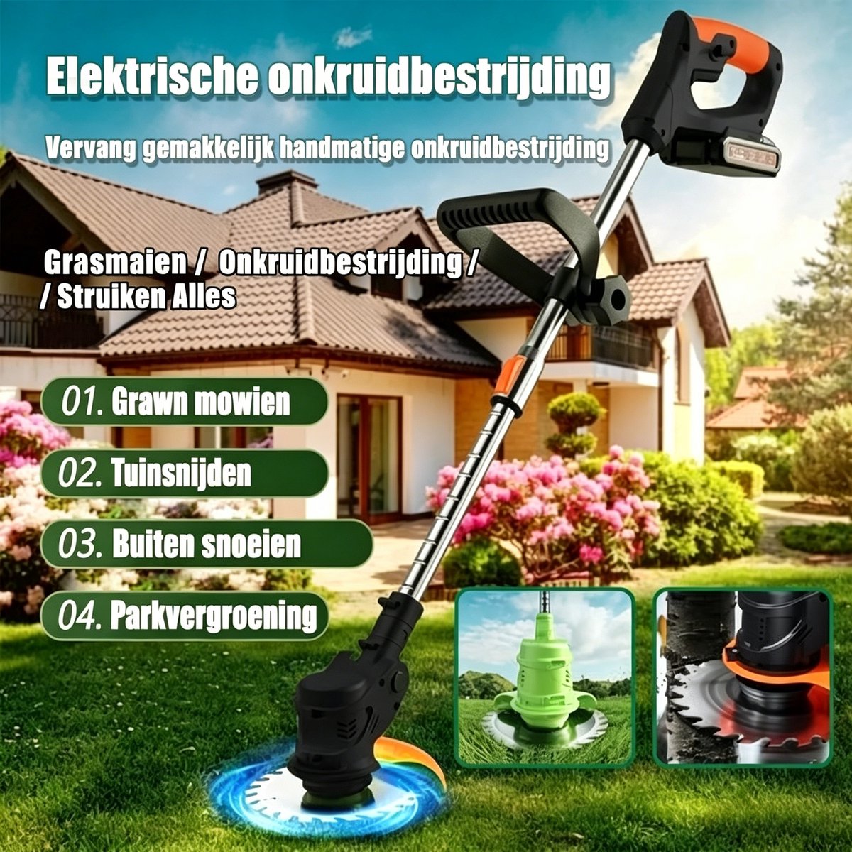 3-in-1 Kantenmaaier – Grastrimmer – Bosmaaier – Grasmaaier – Draadloos & Elektrisch – Incl. 2 Accu ‘s & Snellader - Motorkop -90° en +90° verstelbaar - Incl. 3 snijkoppen – foto 2