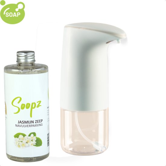 Witte automatische zeepdispenser naast een fles navulverpakking met jasmijnzeep. "Soopz Jasmin Zeep Navulverpakking" staat op het etiket.