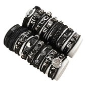 16-delige Heren Armbanden Set – Zwart Leer met Symbolen & Metalen Accenten