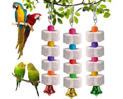 Drie Stuks Vogel Speelgoed met Bel, Beitelsteen en Mineralen voor Papegaaien en Parkieten