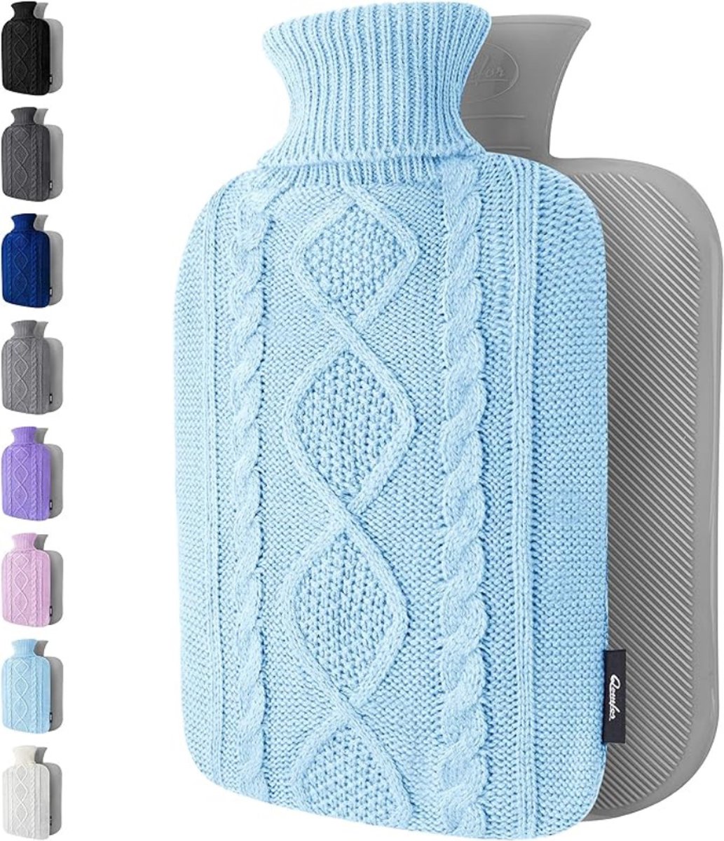 Verte Kruikzak - Warmwaterkruik met Gebreide hoes - Zachte Hoes van Topkwaliteit - Warmwaterkruik voor Pijnverlichting Bij Rug - Nek- en Schouderklachten - Leuk Cadeau voor Vrouwen en Kinderen - Blauw - 1,8 L