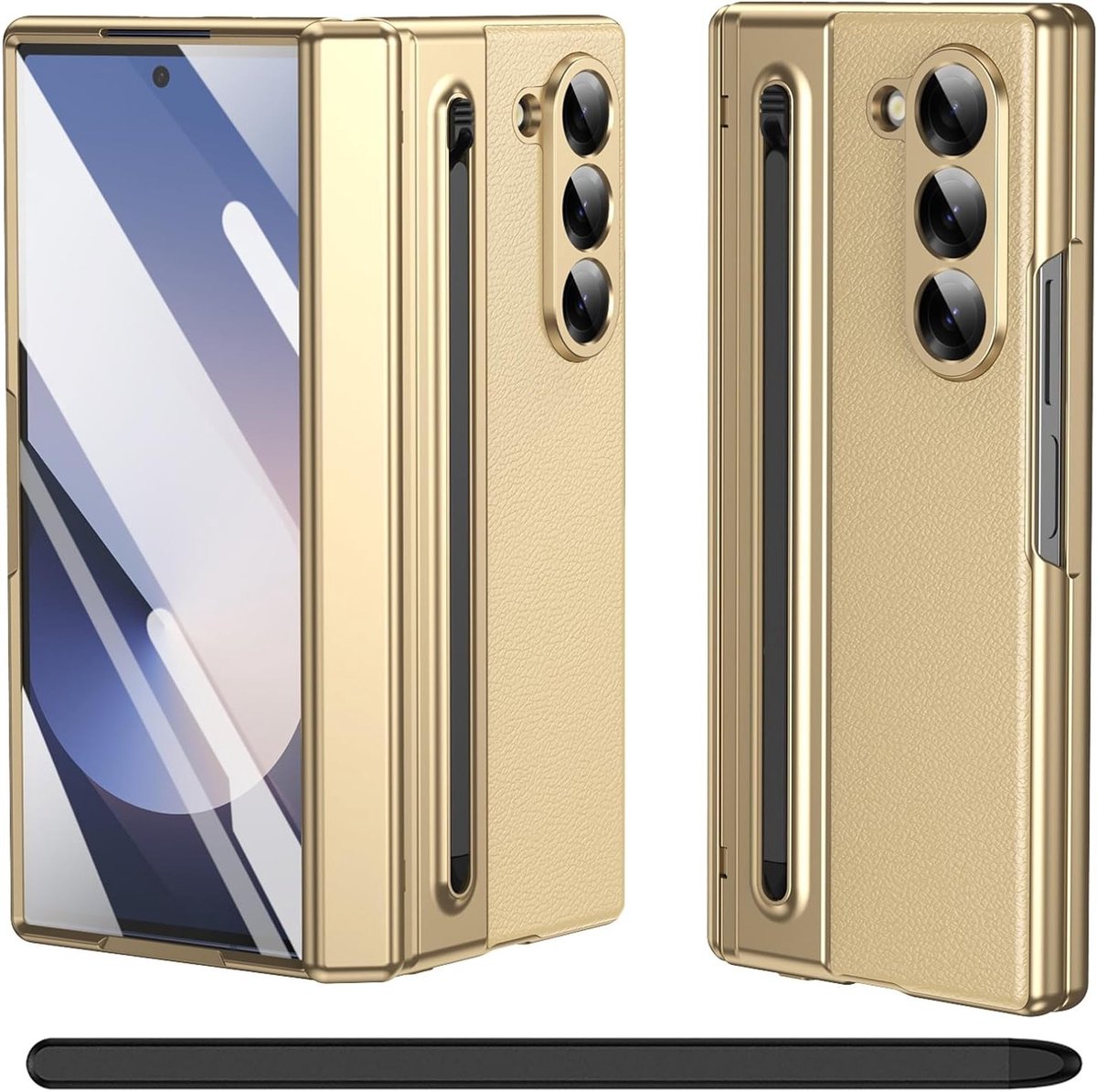 Hoogwaardige leren hoes voor Galaxy Z Fold 5 met S Pen houder en gehard glazen schermbeschermer - Goud, met scharnierbescherming en extra grip