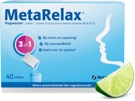 Doos MetaRelax met 40 zakjes, met citroenpartje. Met Magnesium, B-vitaminen en vitamine D.