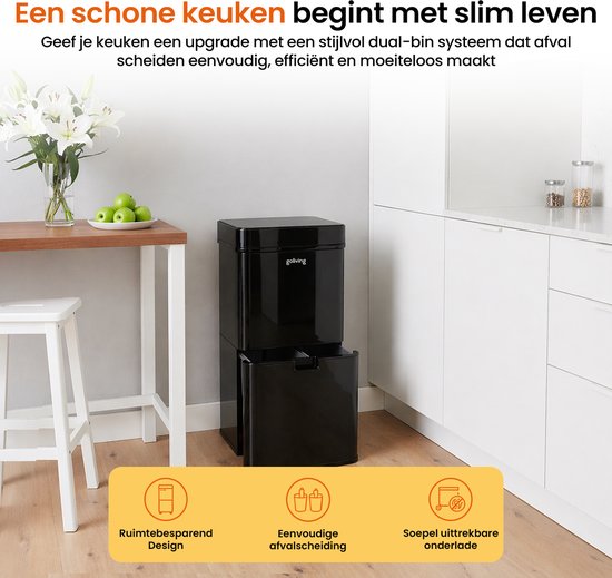 Zwarte slimme prullenbak met dual-bin systeem en lade.