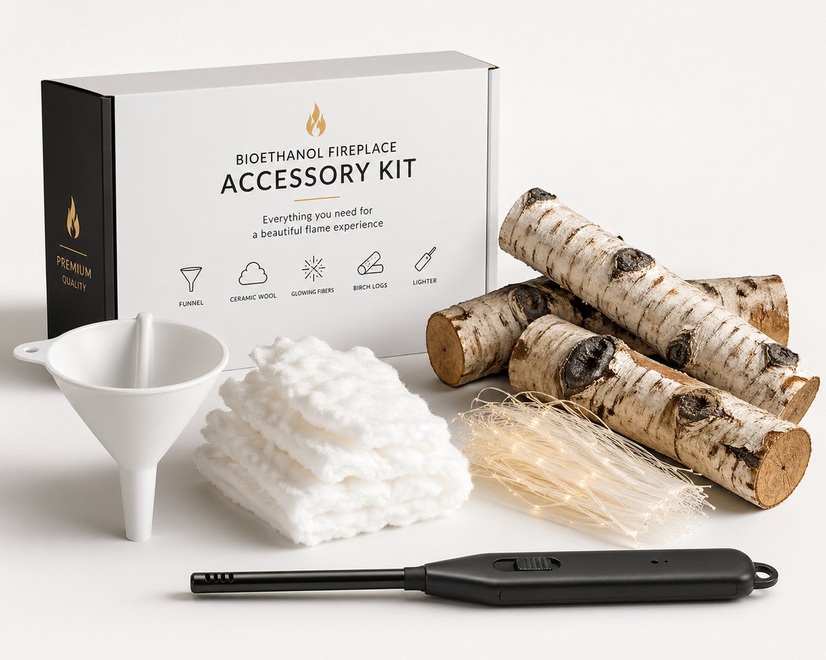 Bio-ethanol haard accessoireset – lont, keramische wol, decoratief hout, trechter en aansteker.