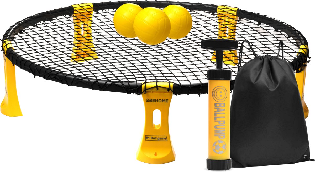 2BEHOME Roundnet set inclusief 3 ballen ballenpomp en handige meeneemtas - Geschikt voor Roundball en Smashball te spelen - Geel