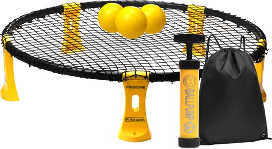 2BEHOME Roundnet set inclusief 3 ballen, ballenpomp en handige meeneemtas - Roundball - Ball Spike - Geel