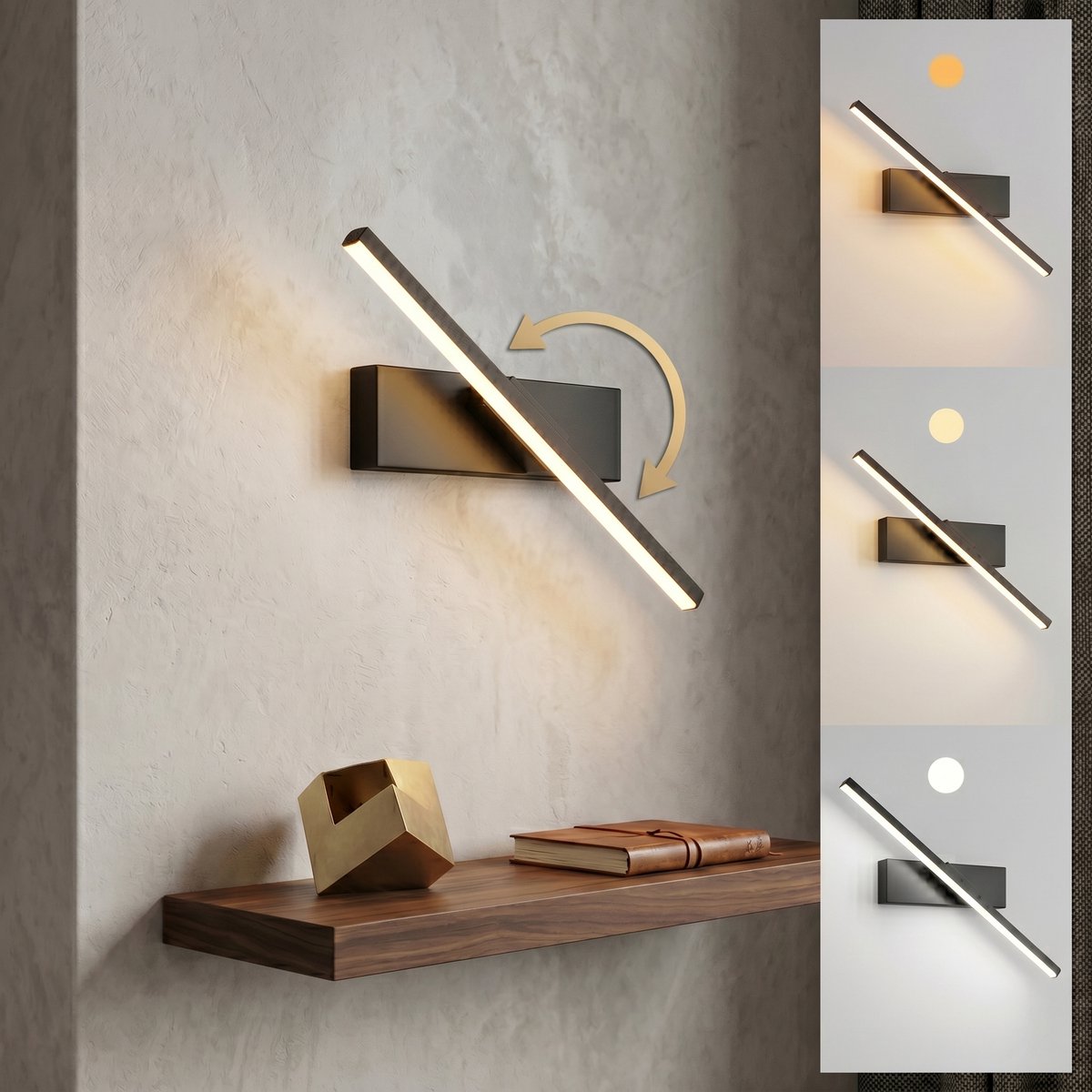 MUPOO Wandlamp binnen met 330° draaibaar-zwart Verstelbaar leeslamp wand- met 3 lichtkleuren- modern LED wandlampen voor slaapkamer, bed, gang, trap & badkamer-50cm