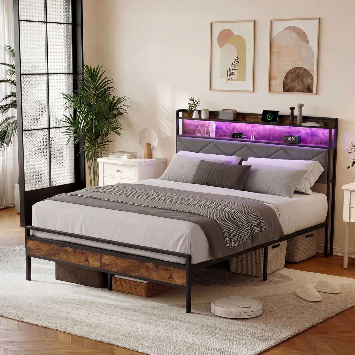Industrieel Bed 140x200 – met LED, USB & Opbergruimte