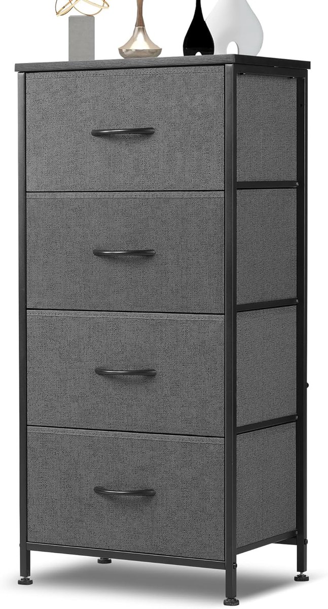 ladekast - Opbergkast met 4 lades – Stoffen ladekast met metalen frame – Vrijstaande kast voor slaapkamer/hal – Grijs – 44x30x95 cm