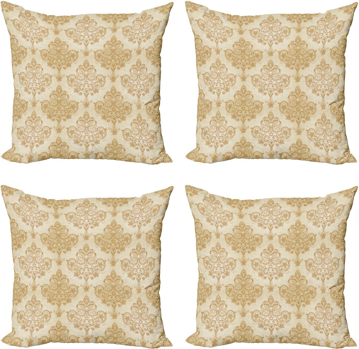 ABAKUHAUS Vintage Sierkussenhoes 4-pack, Barok gebogen bloemen, Modern Accent dubbelzijdig digitaal print, 40 x 40 cm, Cream Pale Brown