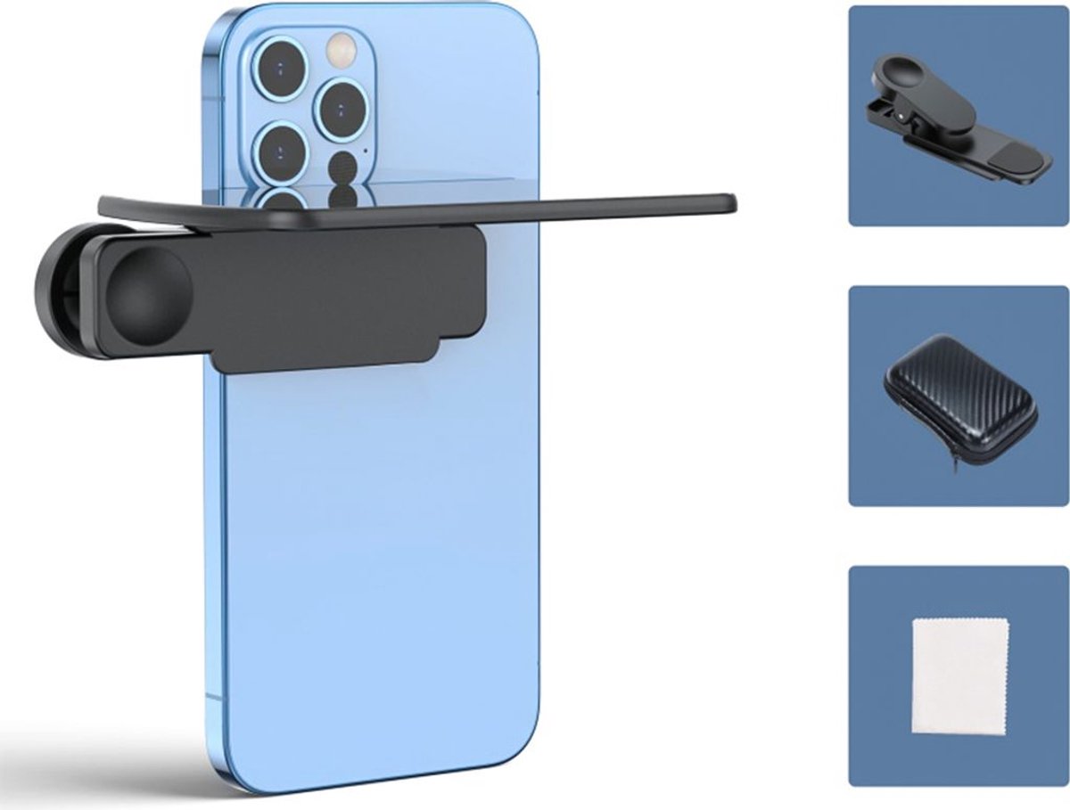 Draagbare smartphonecameraspiegelclipset, inclusief opbergdoosje, schoonmaakdoekje en verstelbare telefoonspiegelclip.