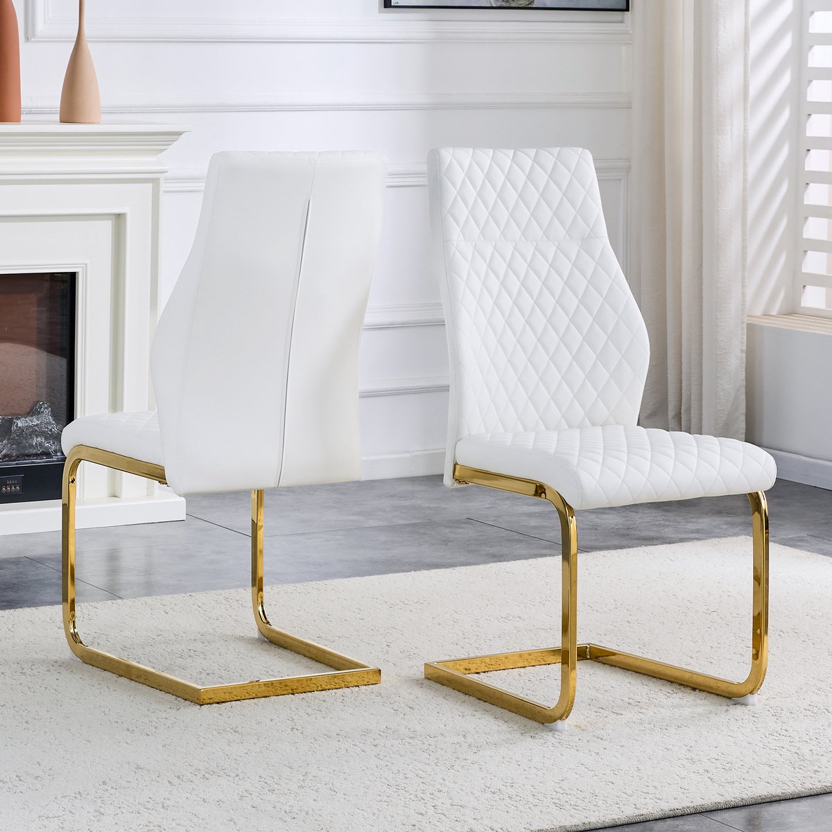 [Set van 2] Eetkamerstoelen in wit ruitpatroon: Hoge rugleuning + comfortabel zitkussen, goudkleurig metalen frame, antislip en duurzaam, geschikt voor restaurants etc.