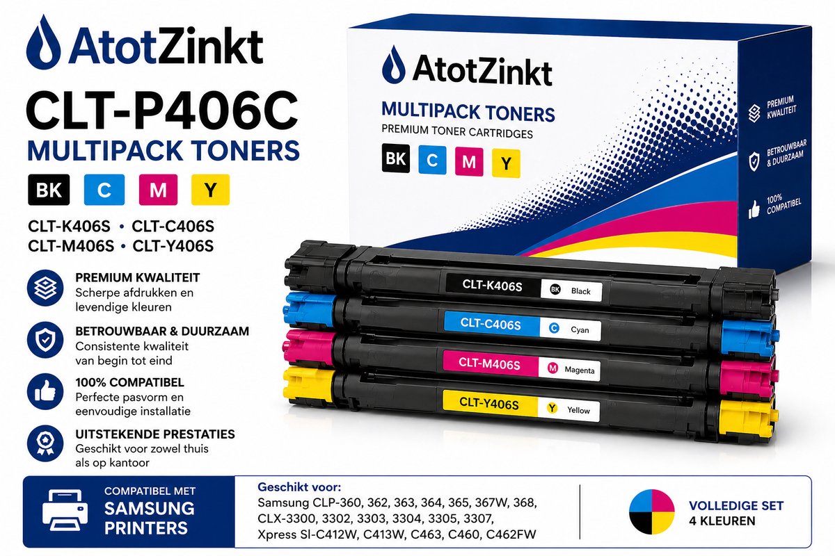AtotZinkt Huismerk Multipack toners voor Samsung CLT-P406C CLT-K406S, CLT-C406S, CLT-M406S en CLT-Y406S Geschikt voor Samsung CLP-360, 362, 363, 364, 365, 367W, 368, CLX-3300, 3302, 3303, 3304, 3305, 3307, Xpress Sl-C412W, C413W, C463, C460, C462FW