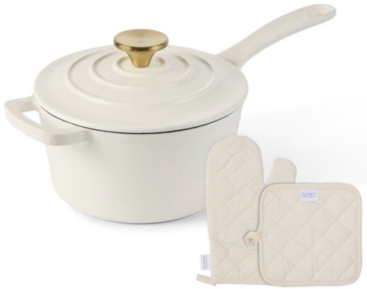 ISENVI Byron Gietijzeren Emaille Steelpan met Deksel , Ovenwant en Pannenlap - 19 cm - Sauspan - Geschikt voor Inductie - PFAS, PTFE Vrij van ISENVI
