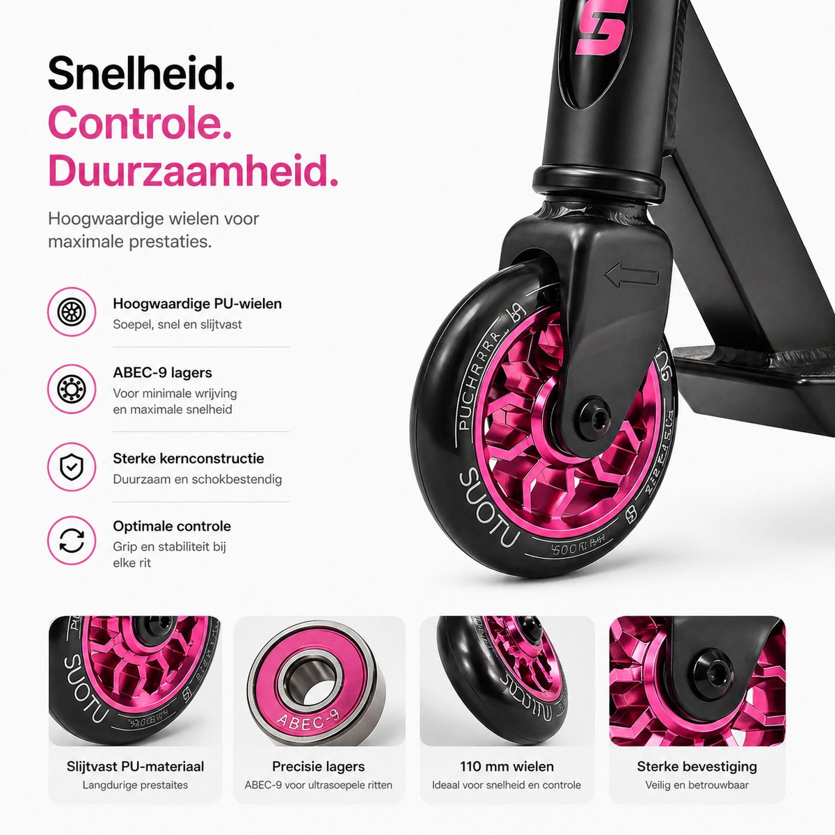 Suotu Stuntstep - Step - Kinderstep - Speelgoed Jongens/Meisjes - Maximale stuurhoogte: 78 cm - Aluminium - buitenspeelgoed - Zwart/Roze — afbeelding 3