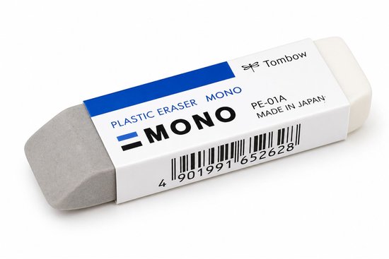 Grijze TOMBOW MONO plastic gum met witte papieren wikkel met blauwe band.
