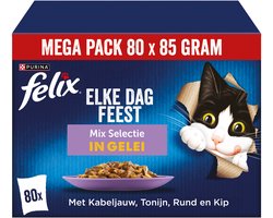 Felix Elke Dag Feest mixed Selectie - Kattenvoer Natvoer - Kabeljauw, Zalm, Rund & Kip - 80 x 85 g