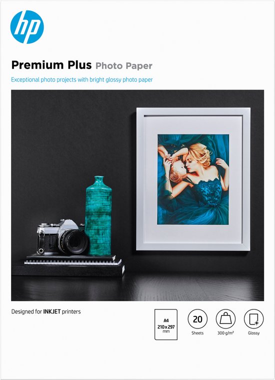 HP Premium Plus fotopapier in A4 formaat met een glanzende afwerking, 20 vel.
