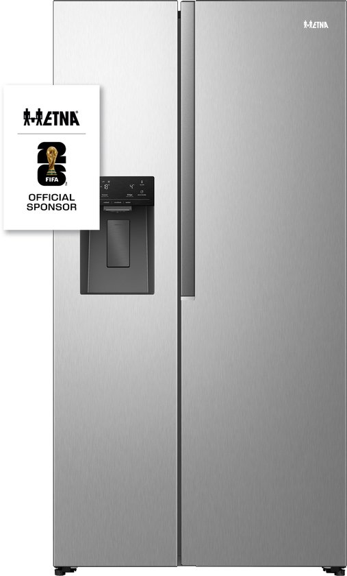 RVS Amerikaanse koelkast met waterdispenser en FIFA Official Sponsor sticker.